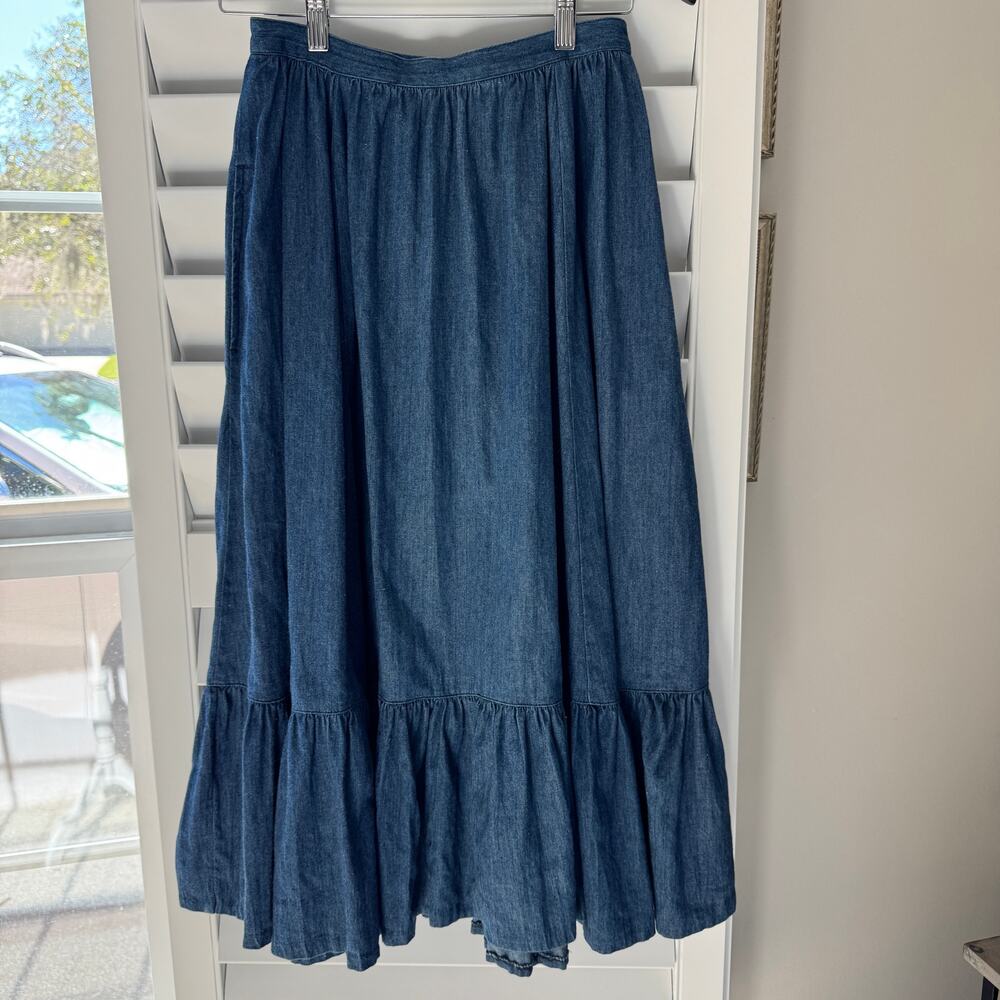 BIS Skirt Womens XS Blue Denim Ruffle Tier Prairie Full Midi Pockets Vintage 80s - Picture 12 of 12
